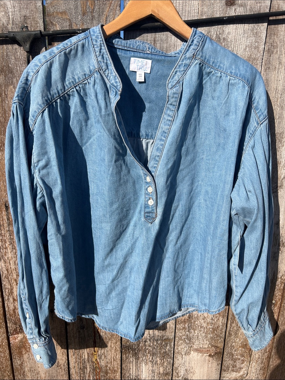 Time and Tru Light Blue Denim Henley Tunic